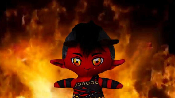 A plushie of Karlach from Baldur's Gate 3, with an image of fire behind her.